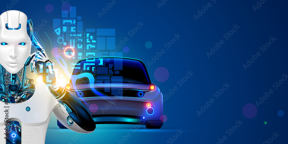 Leinwandbilder Robot driver of autonomous car. AI of driverless system of vehicles in image cyborg. Concept of Artificial intelligence of transportation technology. Autopilot of Self-driving automotive system.