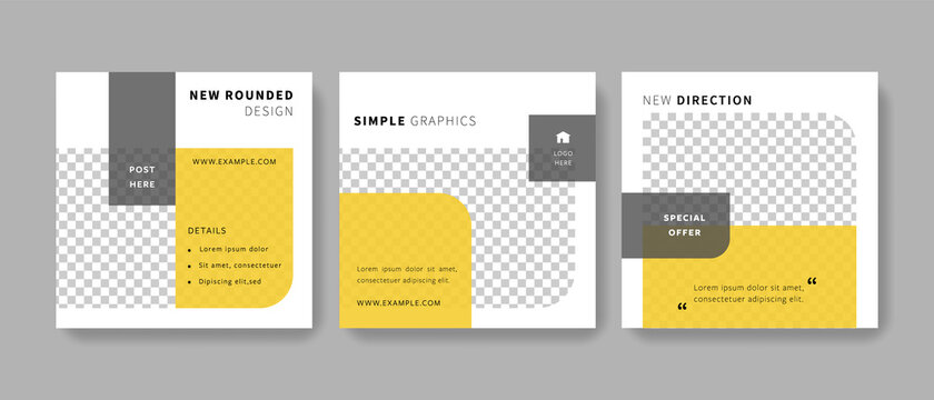 Clean and organized social media templates with yellow and grey accent, contrast elements, simple modern facebook layouts with circle place for photos, square graphic design with minimalistic idea	
