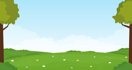 Beautiful nature landscape. Summer panorama with green hills, bright color blue sky and tree. Vector illustration.