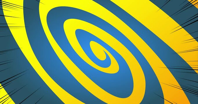 Yellow, blue mesmerizing 4k background animation. Comic book hypnotic spiral rotating motion. Cartoon stripe background rotation. Abstract pattern.