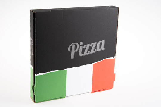pizza carton box to takeaway with Italian color flag on lid Black cardboard on white Background