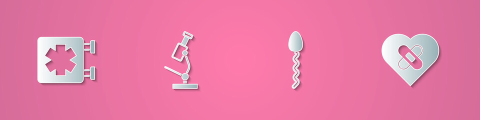 Set paper cut Medical symbol of the Emergency, Microscope, Sperm and Healed broken heart icon. Paper art style. Vector © Kostiantyn
