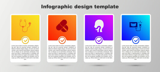 Set Stethoscope, Medicine pill or tablet, Sore throat and Ultrasound. Business infographic template. Vector