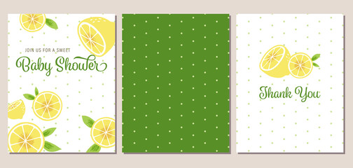Set of invitation card, thank you card, and pattern for lemon themed baby shower. Also can be used for birthday party, bridal shower, or wedding party.