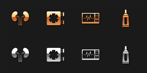 Set Human kidneys, Medical symbol of the Emergency, Monitor with cardiogram and Ointment cream tube medicine icon. Vector