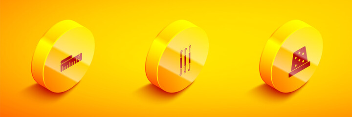 Set Isometric Tape measure, Crochet hook and Thimble for sewing icon. Vector