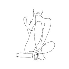 Woman One Line Drawing. Female Figure Continuous Line Art Drawing. Woman Body Nude Illustration. Abstract Poster, Minimalist Sketch Naked Silhouette. Vector EPS 10