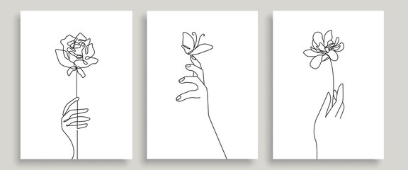 Hands with Flower One Line Drawing. Continuous Line of Simple Flower Illustration. Floral Hand Contemporary Botanical Drawing for Minimalist Covers, t-Shirt Print, Postcard, Banner etc. Vector EPS 10.