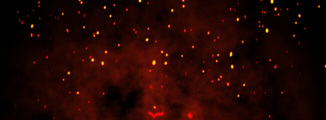 Fire embers particles over black background. 
Fire sparks background. 
Abstract dark glitter fire...