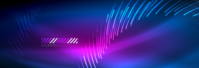 Neon glowing lines, magic energy and light motion background. Vector wallpaper template