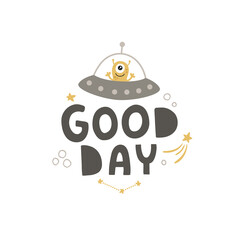 vector illustration of cute alien and text