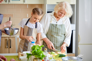 Awesome grandmother teaching adorable kid girl to cook, showing how to make delicious food meal, in bright interior kitchen at home. Side view. Family and togetherness concept