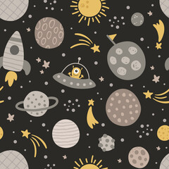 cute vector seamless pattern with cute planets