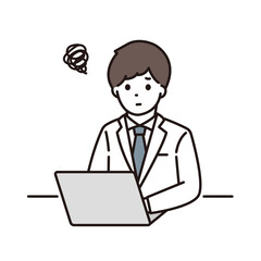 困った顔でパソコンを使う男性薬剤師のイラスト