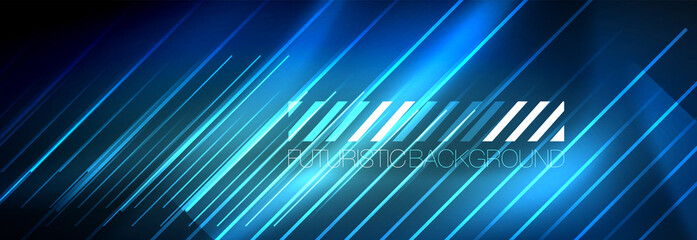 Neon glowing lines, magic energy and light motion background. Vector wallpaper template