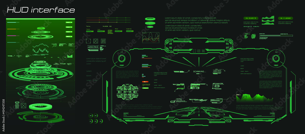 Fototapete Digital holographic panel or HUD user interface for video games. Virtual interface design with frame, data and information. HUD game interface graphic design