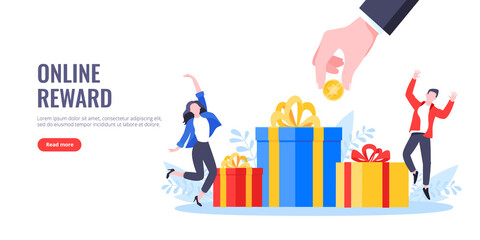 Earn loyalty program points, get online reward and gifts. Get loyalty card and customer service business concept flat design vector illustration. Tiny people with big gift boxes.