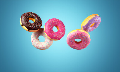 Colorful donuts flying on blue background.