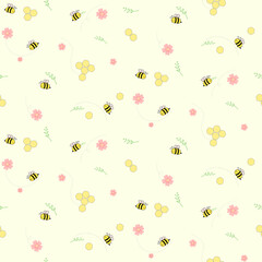 Vector - Abstract seamless pattern of cute flying bees with flower, leaves and honeycomb on yellow background. Doodle and simple style. 