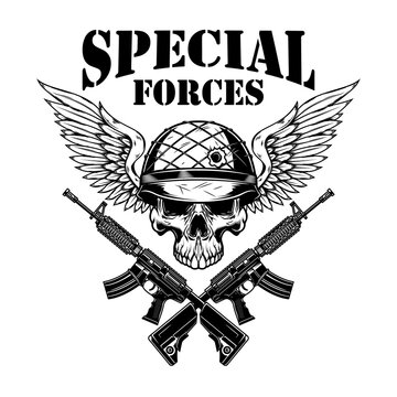 Special forces. Crossed assault rifles with winged soldier skull. Design element for logo, label, sign, emblem. Vector illustration