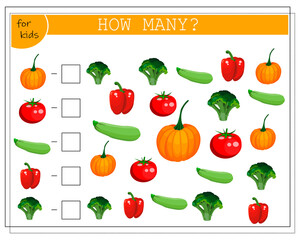 math game for kids, count how many items, vegetables.pumpkin, tomato, zucchini, pepper, broccoli. vector