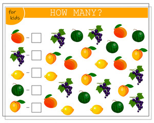 math game for kids, count how many items, mango fruit, lemon, watermelon, apricot blackcurrant. vector