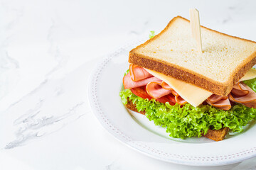 Sandwich with ham and cheese on white plate, gray background, copy space.