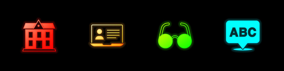 Set School building, Online class, Glasses and Alphabet icon. Vector