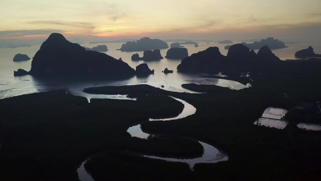 Drone shot of mountains, rivers and lake during sunrise, Sametnangshe