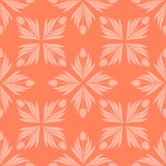 Fototapeta na wymiar Seamless pattern with a pattern of the silhouette of tulips and leaves. Design in coral, orange for printing, packaging, fabric. Electric Tangerine. Damascus styling. Vector
