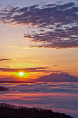 Fototapeta premium 輝く朝陽の下に雲海の広がるドラマチックな夜明け。日本の北海道の美幌峠。