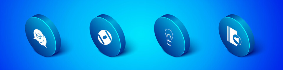 Set Isometric Graduation cap in speech bubble, Light bulb with idea, Audio book and American Football ball icon. Vector
