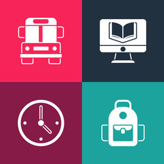 Set pop art School backpack, Clock, Online class and Bus icon. Vector