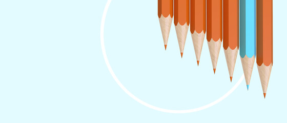 Minimalist template Orange Pencil and Blue Concept on Blue background. business success, Leadership, initiative, strategy. - 3d rendering