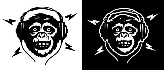 Head of a monkey with headphoneson a light and dark background. Vector illustration.