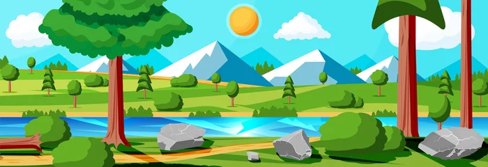 Fototapeten Landscape Of Mountains And Green Hills. Summer Nature Landscape With Rocks, Forest, Grass, Sun, Sky, Lake and Clouds. National Park or Nature Reserve. Vector Illustration In Flat Style © absent84