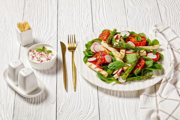 grilled Halloumi cheese, veggies and spinach salad