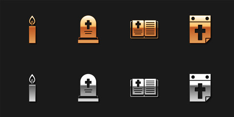 Set Burning candle, Grave with tombstone, Holy bible book and Calendar death icon. Vector