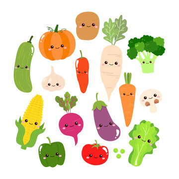Cute vegetables with face collection. Flat vector design isolated on white background