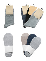 Pairs of cotton socks with blank labels on white background, collage