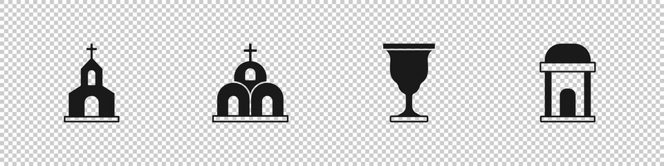 Set Church building, , Christian chalice and Old crypt icon. Vector