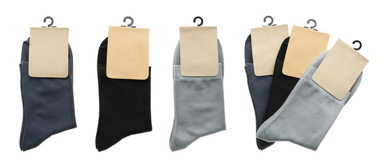Pairs of cotton socks with blank labels on white background, collage. Banner design