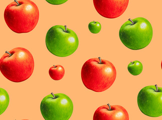 Red and green apple seamless pattern. Hand drawn texture with whole apples on red background. Artistic natural food wallpaper