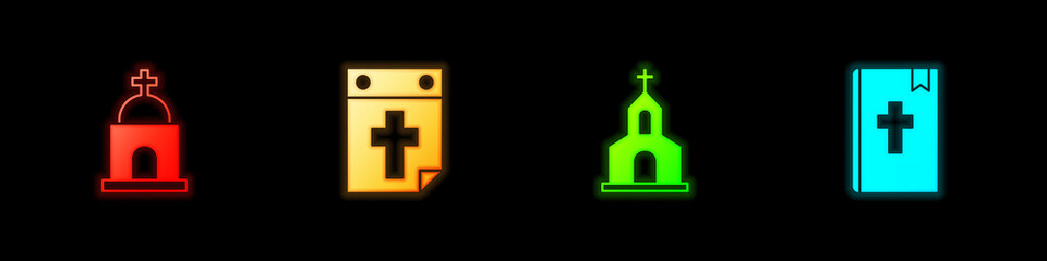 Set Old crypt, Calendar death, Church building and Holy bible book icon. Vector