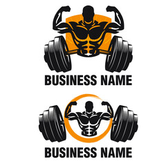 Fitness gym logo with strong athlete and barbell Vector 