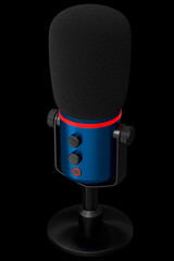 3D rendering of blue studio condenser microphone isolated on black background