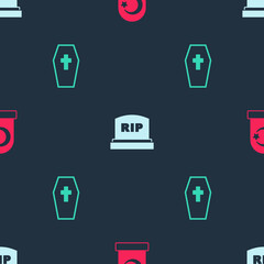 Set Muslim cemetery, Tombstone with RIP written and Coffin cross on seamless pattern. Vector