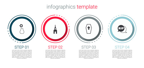 Set Flower in vase, Church building, Coffin with cross and Speech bubble rip death. Business infographic template. Vector