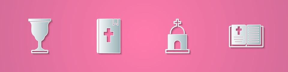 Set paper cut Christian chalice, Holy bible book, Old crypt and icon. Paper art style. Vector