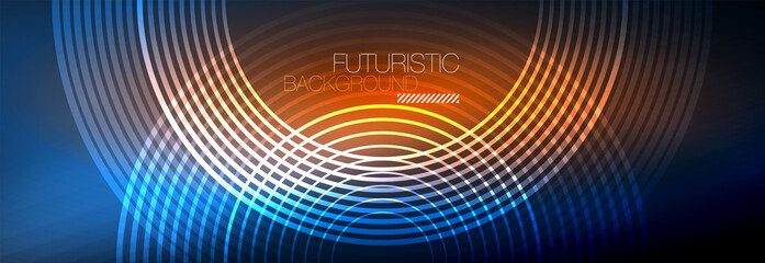 Fototapeta premium Dark abstract background with glowing neon circles. Trendy layout template for business or technology presentation, internet poster or web brochure cover, wallpaper